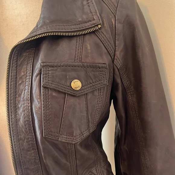 Guess brown bomber leather jacket size S